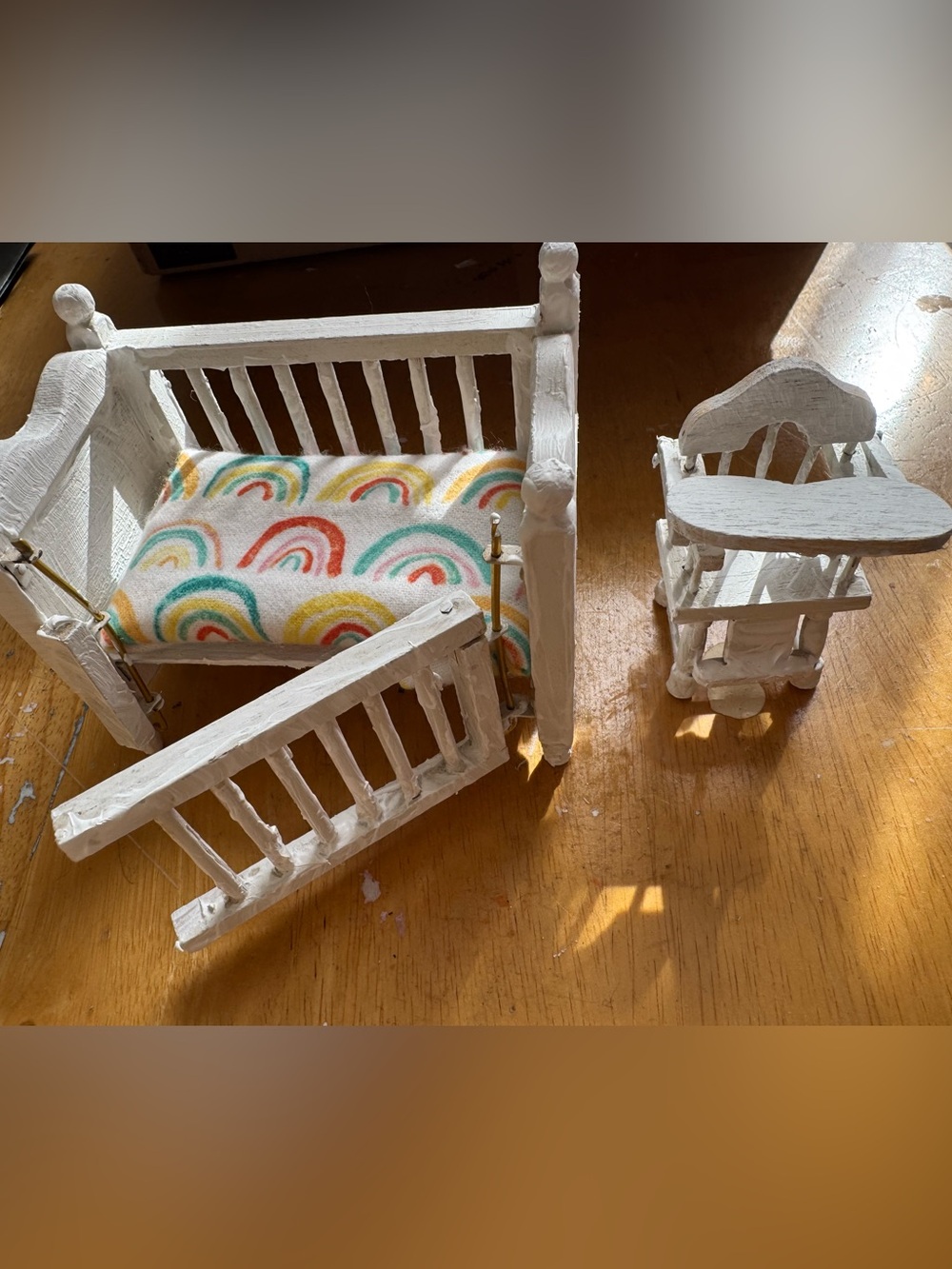 White Wooden Doll Crib with Rainbow Mattress